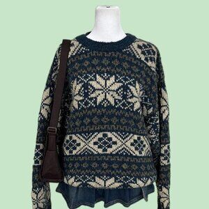 blue striped fair isle vintage 90s chunky knit sweater cozy nordic grandpa